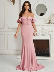 SHEIN Belle Off Shoulder Ruffle Detail Belted Mermaid Hem Women's Evening Gown - Pink - View 1