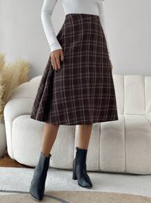 SHEIN LUNE 女士格紋半裙 - 咖啡棕 - 查看 1