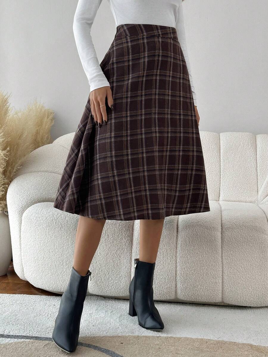 SHEIN LUNE 女士格紋半裙 - 咖啡棕 - 查看 1