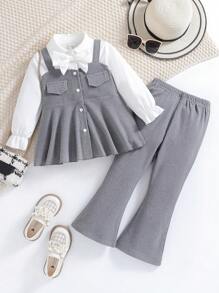 SHEIN 2 Miếng Bé gái 2 trong1 Áo sơ mi Và Quần Bộ đồ Đối với Mùa thu Và Mùa Đông - Xám - Xem 1