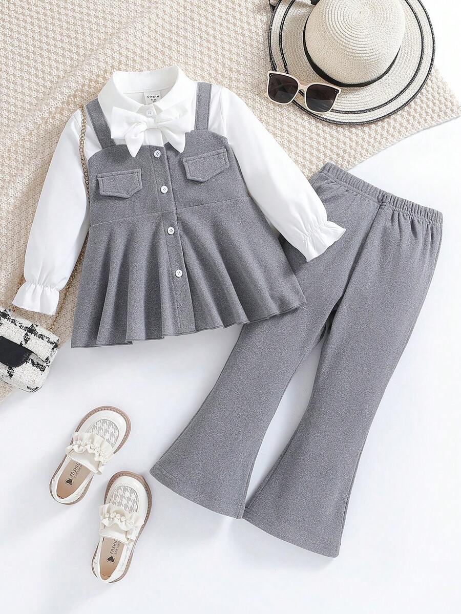SHEIN 2 Miếng Bé gái 2 trong1 Áo sơ mi Và Quần Bộ đồ Đối với Mùa thu Và Mùa Đông - Xám - Xem 1