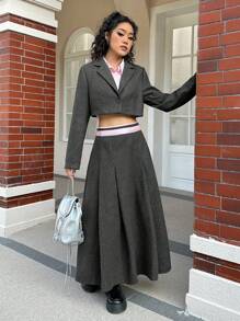 SHEIN EZwear Bộ đồ nữ gồm áo croptop và chân váy cổ bẻ, phối sọc. - Xám - Xem 5