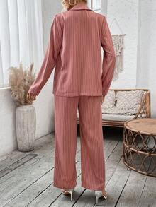 SHEIN Privé Sọc Cổ áo tây DOUBLE-BREASTED Bộ đồ Bộ - Bụi hồng - Xem 3