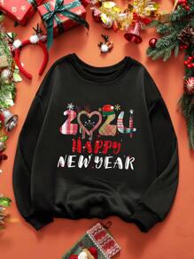 Flirla Plus Christmas Print Drop Shoulder Sweatshirt - Black - View 1