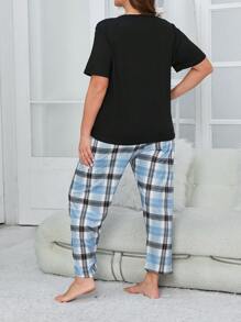 Plus Plaid Print Pocket Patched PJ Set / Pajama Set - Blue - View 3