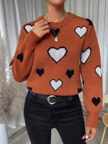 SHEIN LUNE Heart Pattern Drop Shoulder Sweater - Orange - View 3