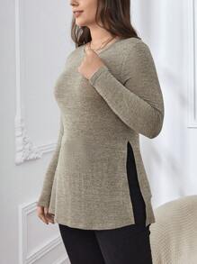 SHEIN Essnce Của phụ nữ Kích thước lớn Bên Khe Tay áo dài Áo thun - Màu Khaki - Xem 3