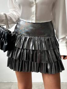 SHEIN Cottnline Solid Color Shiny Layered Skirt - Grey - View 3