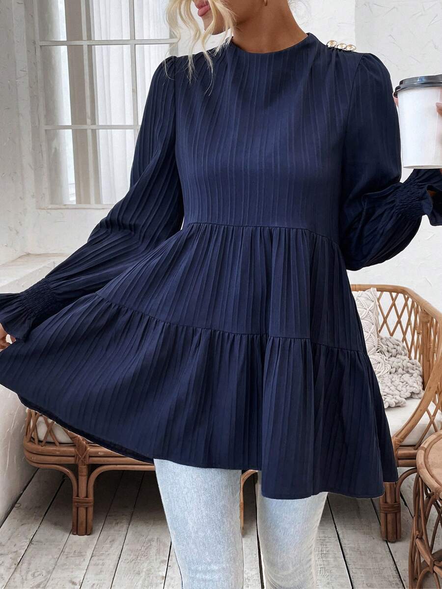 SHEIN VCAY Camisa De Color Sólido Con Mangas De Encaje - Azul Marino - Ver 1