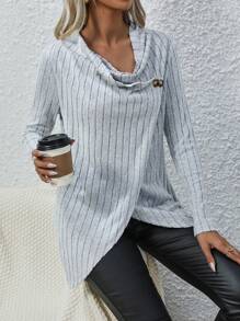 SHEIN LUNE Draped Collar Wrap Hem Tee - Grey - View 1