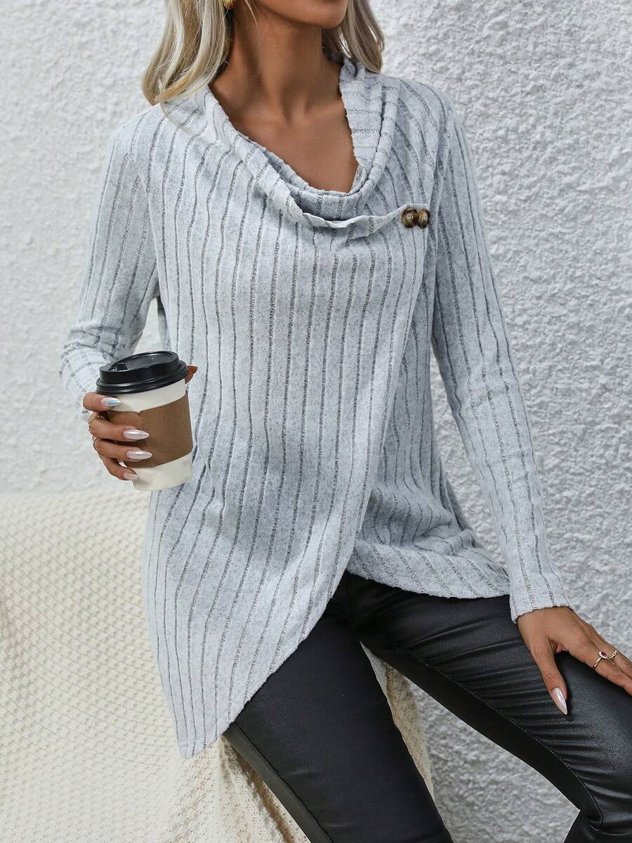 SHEIN LUNE Draped Collar Wrap Hem Tee - Grey - View 1