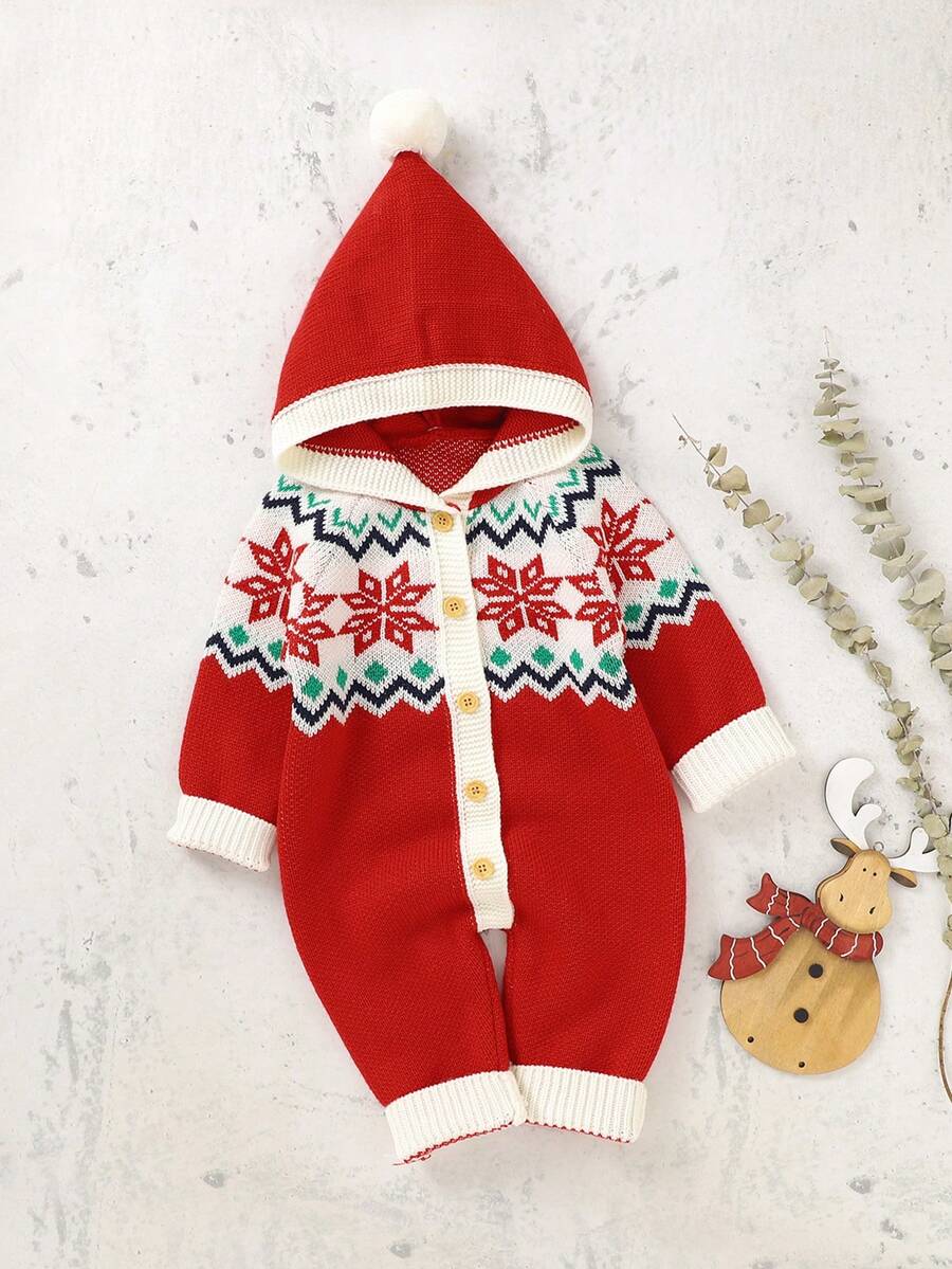 Baby Girls' Snowflake Pattern Button-front Cardigan Jumpsuit - Red - View 1