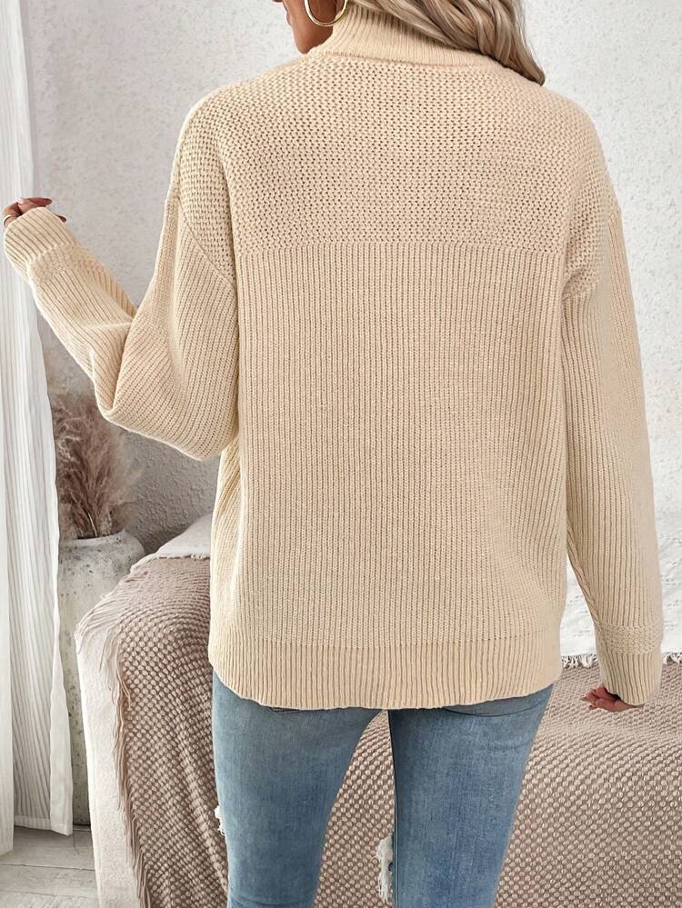 Half Button Drop Shoulder Knit Pullover Fall Winter Sweater