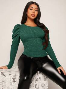 SHEIN SXY Women's Solid Color Leg Of Mutton Sleeve T-shirt - Dark Green - View 5