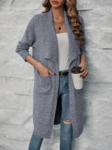 SHEIN Clasi Waterfall Collar Dual Pocket Drop Shoulder Duster Cardigan - Dark Grey - View 6