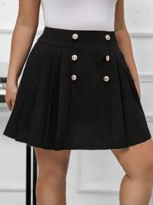 Calvaya 大尺碼女雙排扣百褶裙 - 黑色 - 查看 5