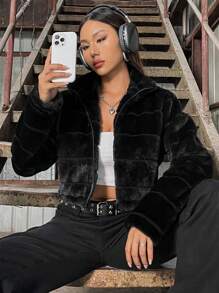 SHEIN Unity Zip Up Crop Teddy Jacket Black Fur Jacketplush Jacketcropped Jacketcrop Jacketcrop Jackets For Women Fall Winter Cloth For Women - Black - View 4