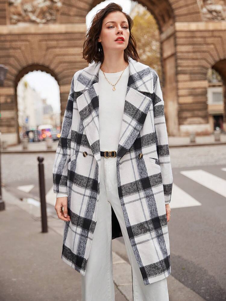Drop Shoulder Double Button Plaid Overcoat