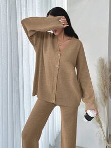 EURMUSE Women's Solid Color Button-down Cardigan And Knitted Straight-leg Pants Sweater Two-piece Set - Brown - View 6