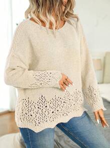 Calvaya Kích thước lớn Màu thuần Xu hướng: Cắt giảm Thả vai Áo len - Màu be - Xem 6