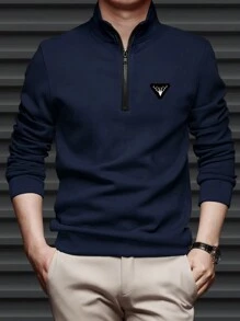 Manfinity Mode 男士半拉鍊刺繡長袖運動衫 - 藏蓝色 - 查看 1