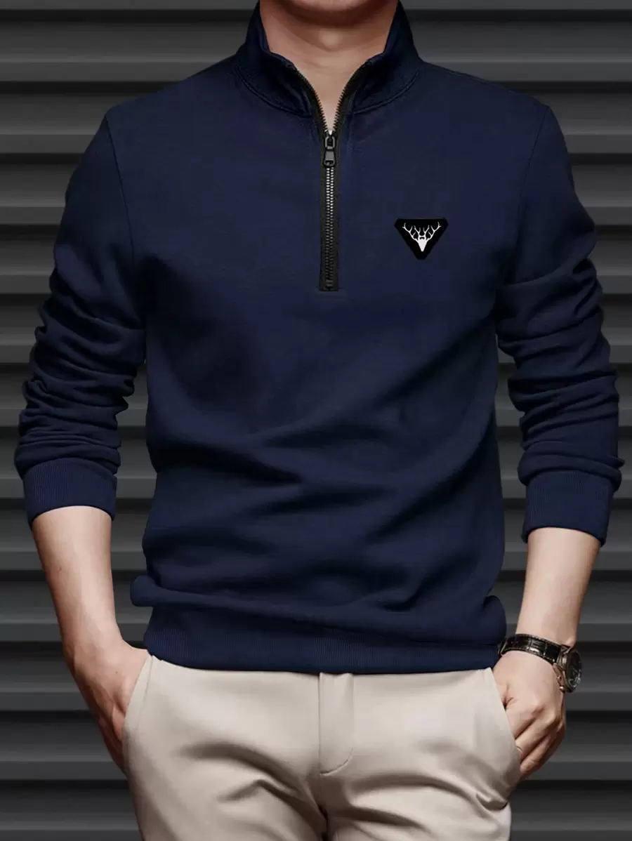 Manfinity Mode 男士半拉鍊刺繡長袖運動衫 - 藏蓝色 - 查看 1