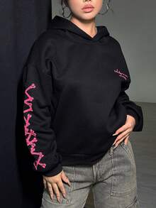 SHEIN Unity 女性圖案落肩袖連帽衫 - 黑色 - 查看 6