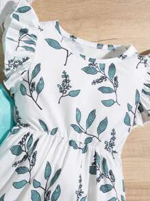 SHEIN Abito A Stampa A Foglia Con Orlo A Sbuffo Per Ragazza Giovane, 2 Pezzi - Multicolore - Visualizzare 4