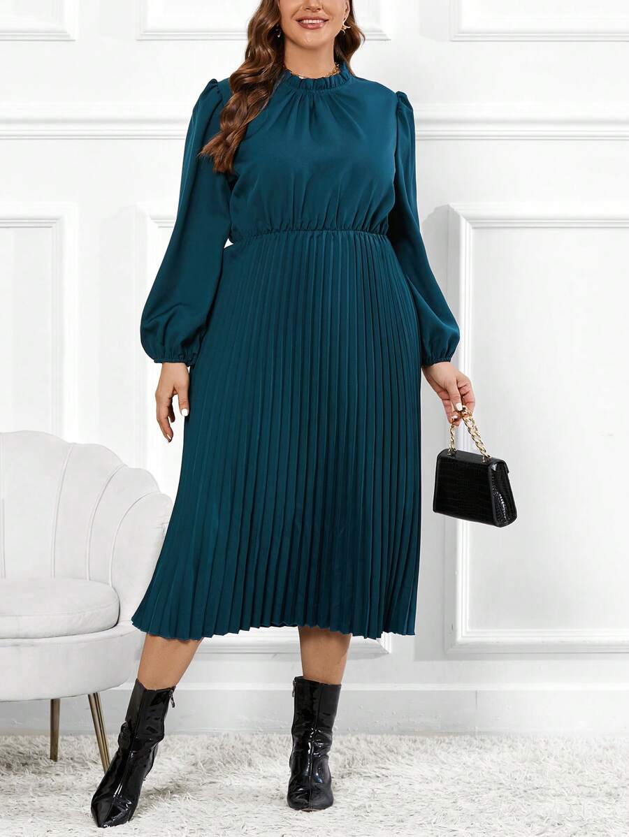 SHEIN Clasi 大尺碼燈籠袖褶邊連衣裙 - 藍色 - 查看 1