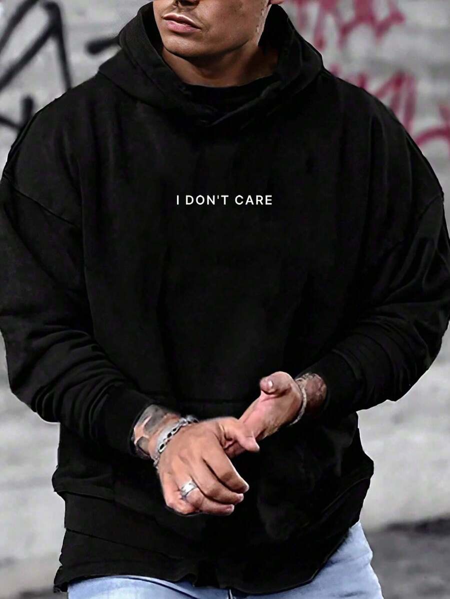 Manfinity Homme Men's Plus Size Loose Fit Hoodie With Drop Shoulder And Letter Print - Black - View 1