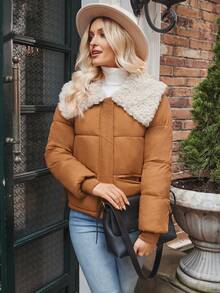 SHEIN LUNE Abrigo acolchado casual de dos tonos con cuello esponjoso para ropa de invierno