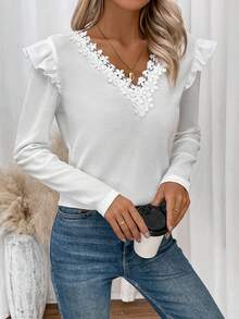 EMERY ROSE 女士花邊拼接荷葉邊裝飾t恤 - 白色 - 查看 6