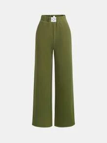SHEIN Teen Girl Letter Patched Wide Leg Sweatpants - Army Green - View 1