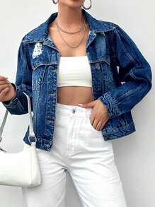 RueChic Women's Casual Distressed Denim Jacket - Blue - View 6