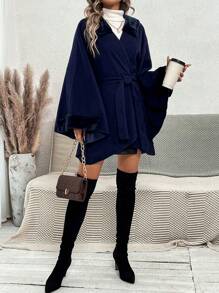 SHEIN Privé 貝里羊皮領滴肩束腰外套 - 藏蓝色 - 查看 4