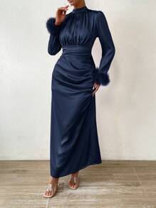 Chiquease Patchwork Ruffle Edge Pleated Half Turtleneck Dress Maxi Women Outfit - Royal Blue - View 3