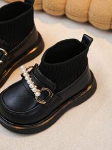嬰兒,&小的孩子們珍珠鈕扣,亮片細節,針織袖口,舒服的,防滑,中幫,平底戶外&日常靴子 - 黑色 - 查看 5
