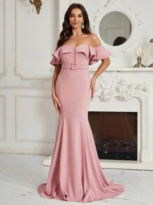 SHEIN Belle Off Shoulder Ruffle Detail Belted Mermaid Hem Women's Evening Gown - Pink - View 5