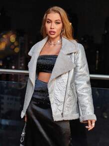 Aveloria 絨布teddy大翻領長袖女式外套 - 銀色 - 查看 1