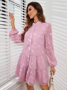 SHEIN Privé 女士花卉裝飾燈籠袖洋裝,荷葉邊設計 - 粉色 - 查看 5