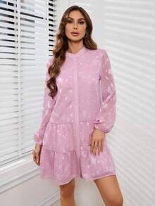 SHEIN Privé 女士花卉裝飾燈籠袖洋裝,荷葉邊設計 - 粉色 - 查看 3