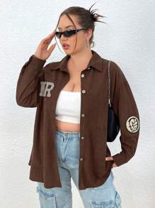 Flirla Plus Size Women'S Shirt With Letter Patched And Patchwork Design - Brown - View 3