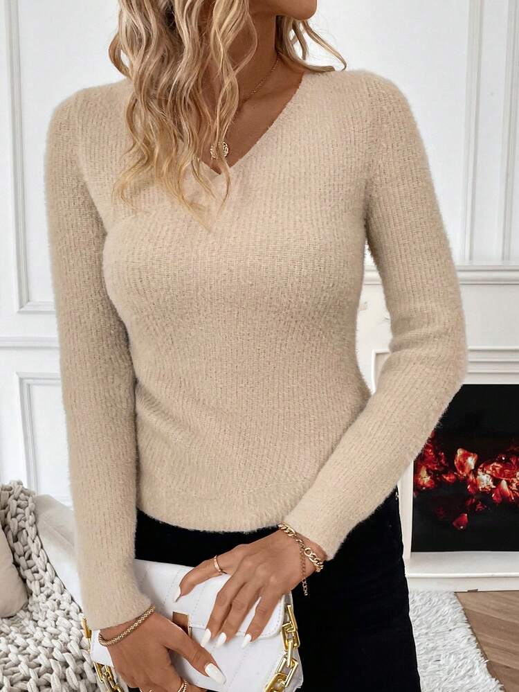 Solid V Neck Knit Pullover Fall Winter Sweater
