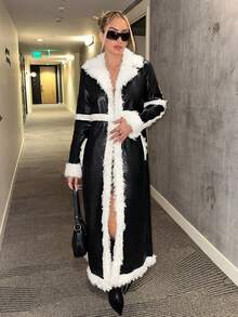 SHEIN ICON Của phụ nữ Sang trọng chất liệu da PU Khối màu Dài áo - màu đen - Xem 3