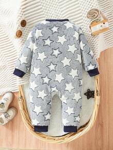 嬰兒女童毛絨絨、溫暖舒適的星星印花連身衣,適用於日常穿著、派對和節日場合,適用於秋冬季節 - 彩色 - 查看 2