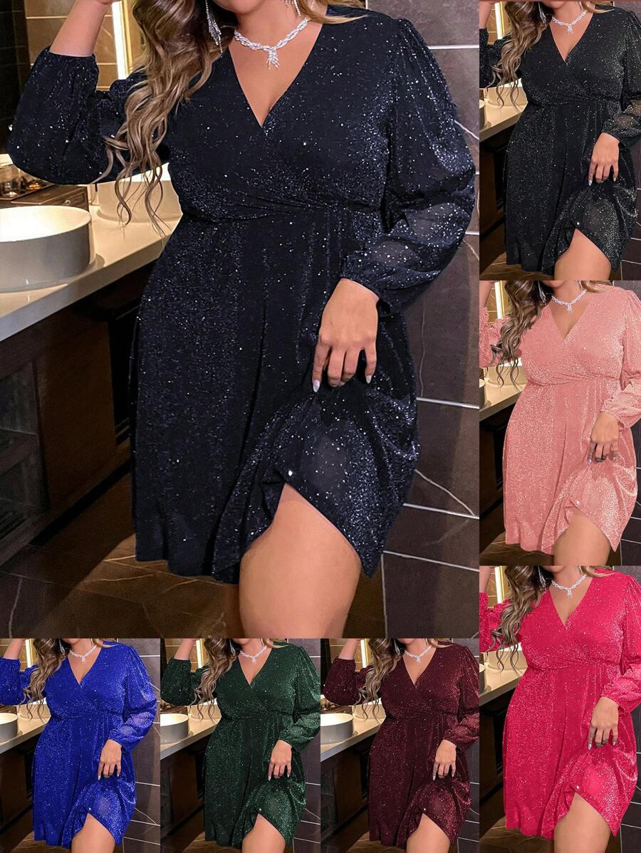 Allurite Kích thước lớn Của phụ nữ Lấp lánh Wrapped Vòng cổ Váy bodycon - Màu xanh hải quân - Xem 1