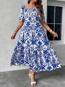 Breezaya Vestido con estampado de cuello cuadrado de manga mariposa bajo con fruncido - Azul y blanco - Ver 6