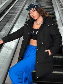 SHEIN EZwear 纯色连帽保暖棉服，腰部有抽绳 - 黑色 - 查看 7