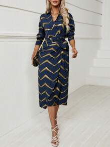 SHEIN Clasi Gold Chevron Print Knot Side Wrap Dress - Navy Blue - View 3