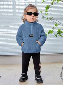 SHEIN Baby Girl Letter Patched Dual Pocket Drop Shoulder Teddy Sweatshirt - Blue - View 3